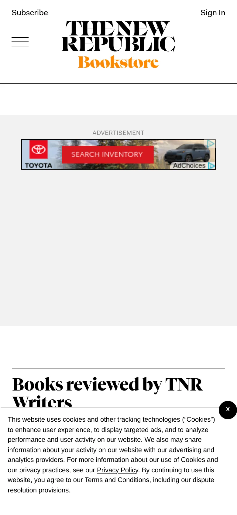The mobile version presents a simplified vertical layout with the bookstore logo at the top and a hamburger menu icon. The content shifts to a single-column stack, showing the advertisement and book listings one after another for easier scrolling.