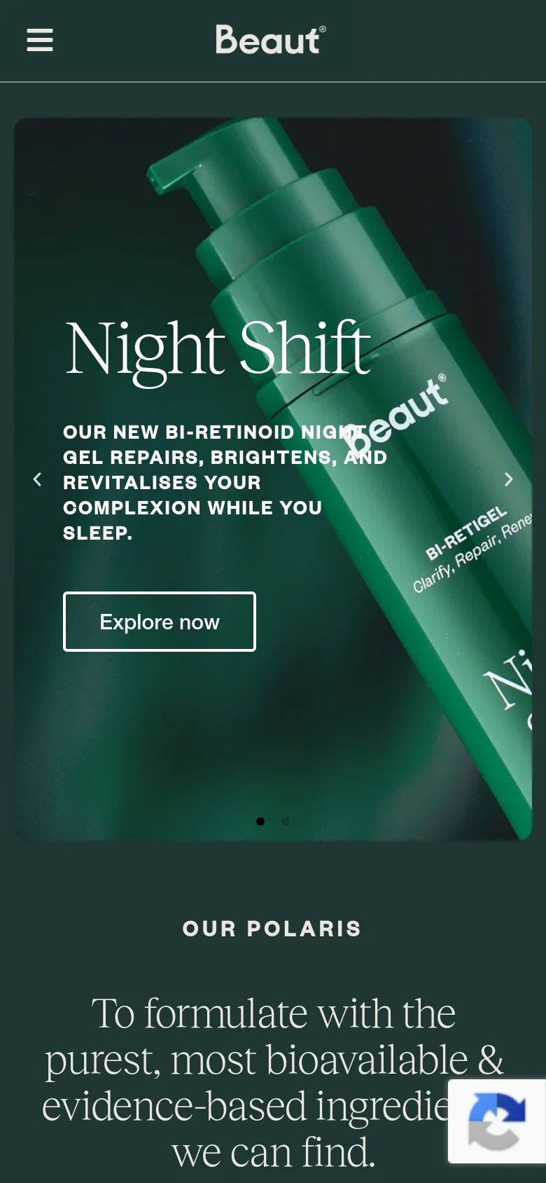 The mobile version displays a simplified layout with a hamburger menu icon and the Beaut logo centered at the top. The hero section features the same 'Night Shift' product imagery but is vertically oriented to fit the screen, followed by the brand's mission statement in white serif text against a dark green background.