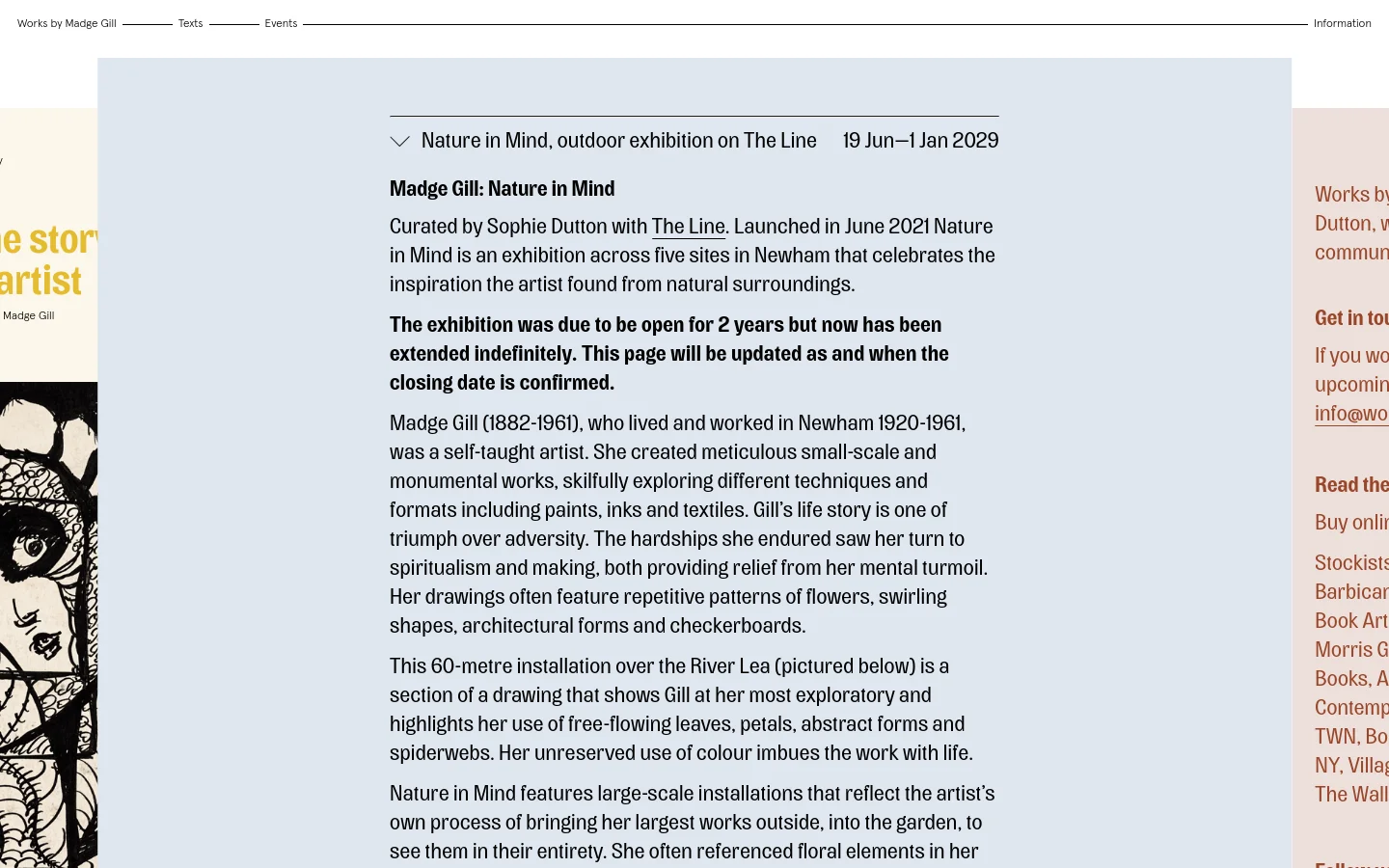 The desktop page features a minimalist design with a white background and black text. A large hero image shows a blue commemorative plaque, followed by a marquee-style graphic and a long text section describing the Madge Gill project. Below the text, an accordion-style event listing for 'Madge Gill: Nature in Mind' is displayed against a light blue background.