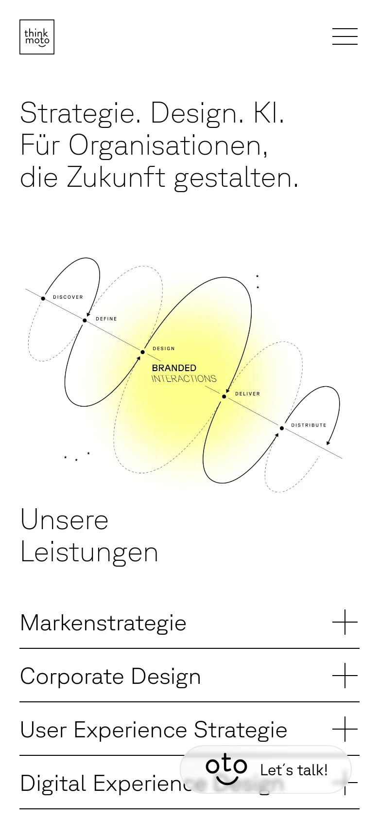 The mobile version uses a vertical layout with the same large headline and line-art graphic at the top. Below the graphic, the heading 'Unsere Leistungen' introduces a list of services including 'Markenstrategie' and 'Corporate Design', each accompanied by a plus icon for expansion. A hamburger menu icon is visible at the top right, and a floating 'Let's talk!' button is at the bottom.