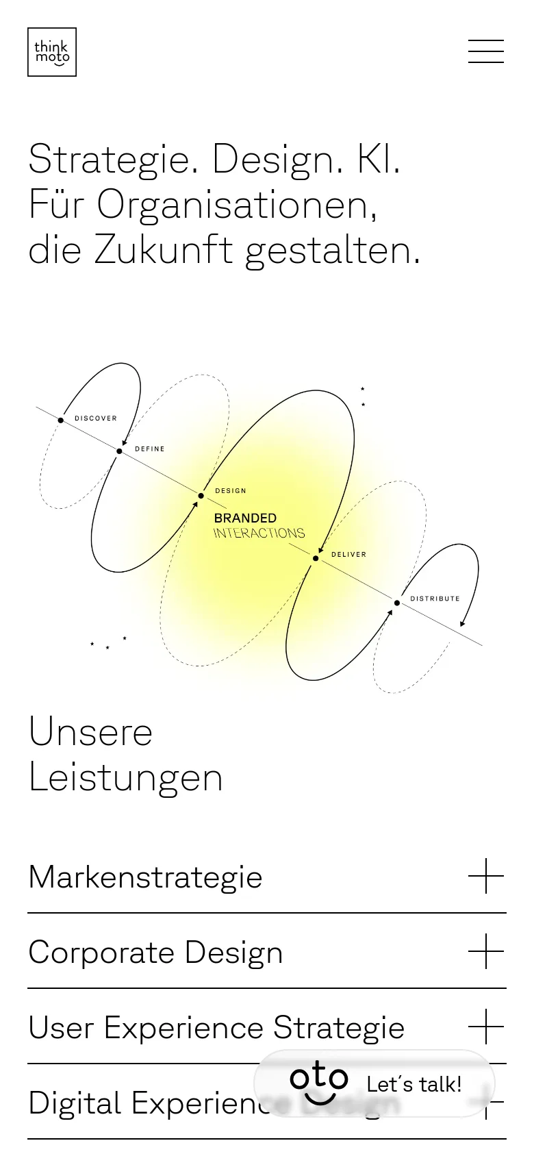 The mobile version uses a vertical layout with the same large headline and line-art graphic at the top. Below the graphic, the heading 'Unsere Leistungen' introduces a list of services including 'Markenstrategie' and 'Corporate Design', each accompanied by a plus icon for expansion. A hamburger menu icon is visible at the top right, and a floating 'Let's talk!' button is at the bottom.