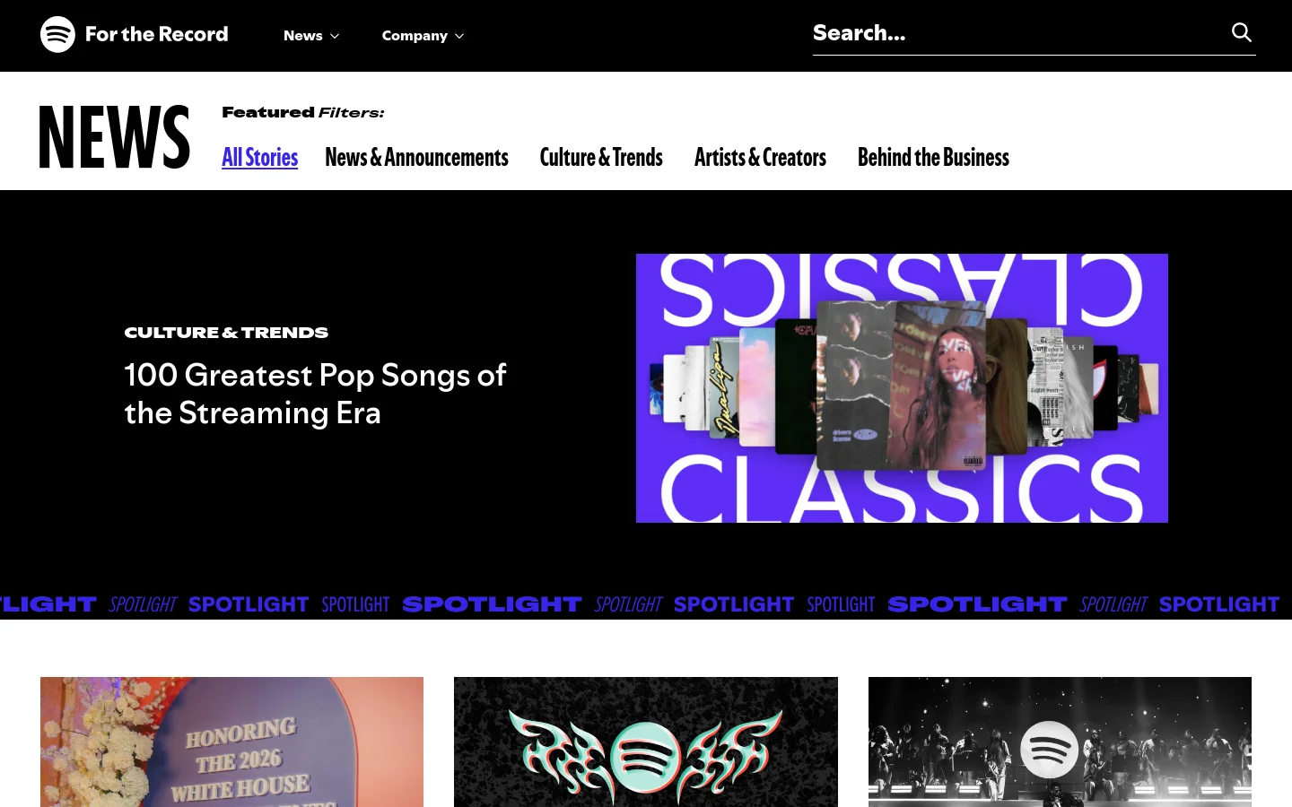 The Spotify Newsroom desktop page features a black background with a large hero section showcasing the article '100 Greatest Pop Songs of the Streaming Era' with vibrant purple graphics. Below the hero, a horizontal filter menu allows users to sort stories by categories like News & Announcements and Culture & Trends. A grid of article cards follows, each containing a large image, category label, and headline.