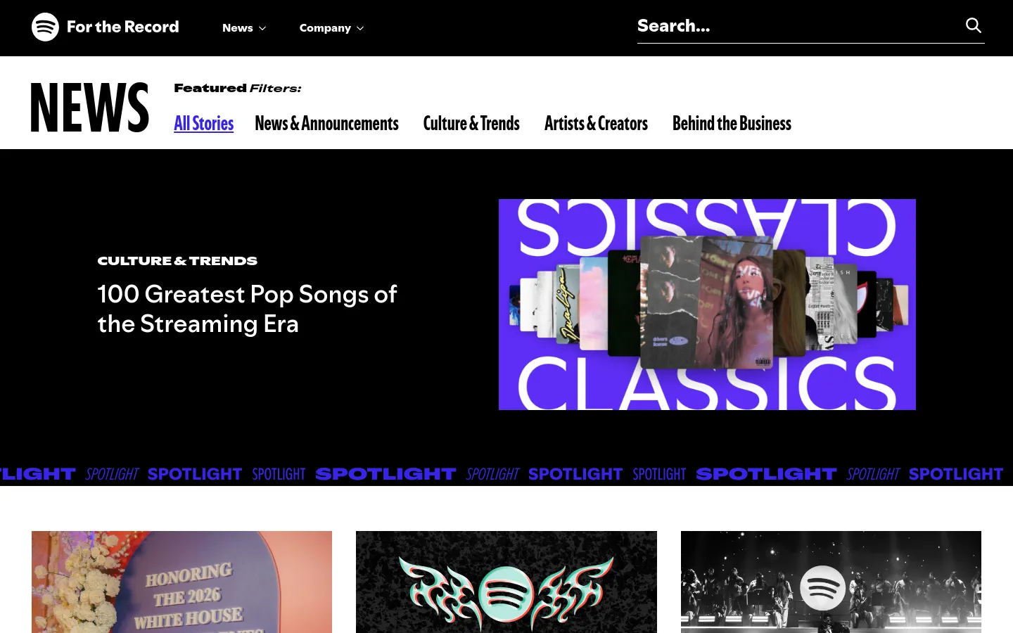 The Spotify Newsroom desktop page features a black background with a large hero section showcasing the article '100 Greatest Pop Songs of the Streaming Era' with vibrant purple graphics. Below the hero, a horizontal filter menu allows users to sort stories by categories like News & Announcements and Culture & Trends. A grid of article cards follows, each containing a large image, category label, and headline.
