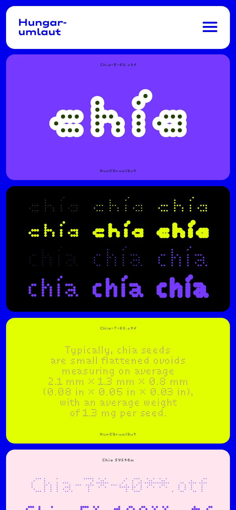 The mobile version maintains the white navigation bar at the top, but the menu is condensed into a blue hamburger icon next to the brand name. The hero section remains a large purple block with the stylized 'chia' typography, but the layout is vertically stacked to fit the narrower screen width.