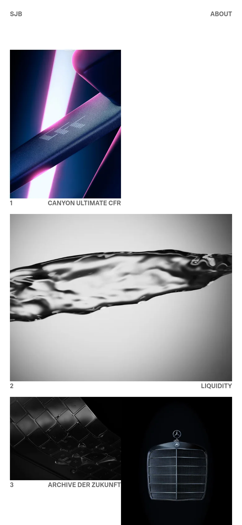 The mobile version presents a single-column vertical scroll of the large-scale photography projects. The hero image and subsequent project images, such as the liquid texture and bicycle details, span the full width of the screen for a focused visual experience. The navigation is simplified at the top of the viewport.