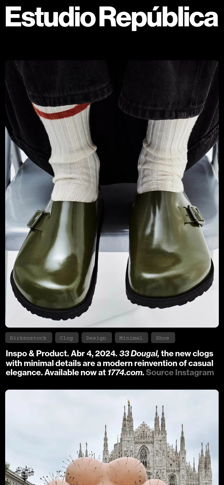 The mobile version presents a single-column vertical layout of the same content, prioritizing large imagery. The bold 'Estudio República' header remains at the top, but the project grid is stacked, showing one large image and its corresponding text and tags per screen width to ensure readability on smaller displays.