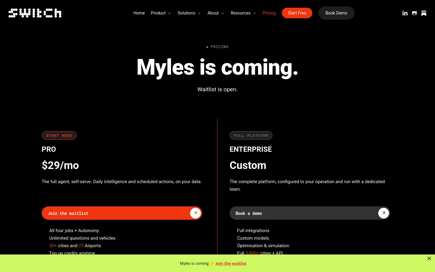 The pricing page features a dark theme with white and orange accents. A large headline reads 'Myles is coming' above two side-by-side pricing cards for 'Pro' at $29/mo and 'Enterprise' at a custom price, each with a primary call-to-action button. Below the cards, a detailed feature comparison table outlines the differences between the two tiers.