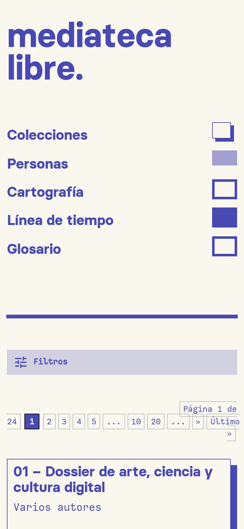 The mobile version presents a vertically stacked layout optimized for small screens. The logo is prominently centered at the top, followed by a large navigation menu with thick, colored icon blocks for 'Colecciones', 'Personas', 'Cartografía', 'Línea de tiempo', and 'Glosario'. A large 'Filtros' button sits above the paginated content grid.