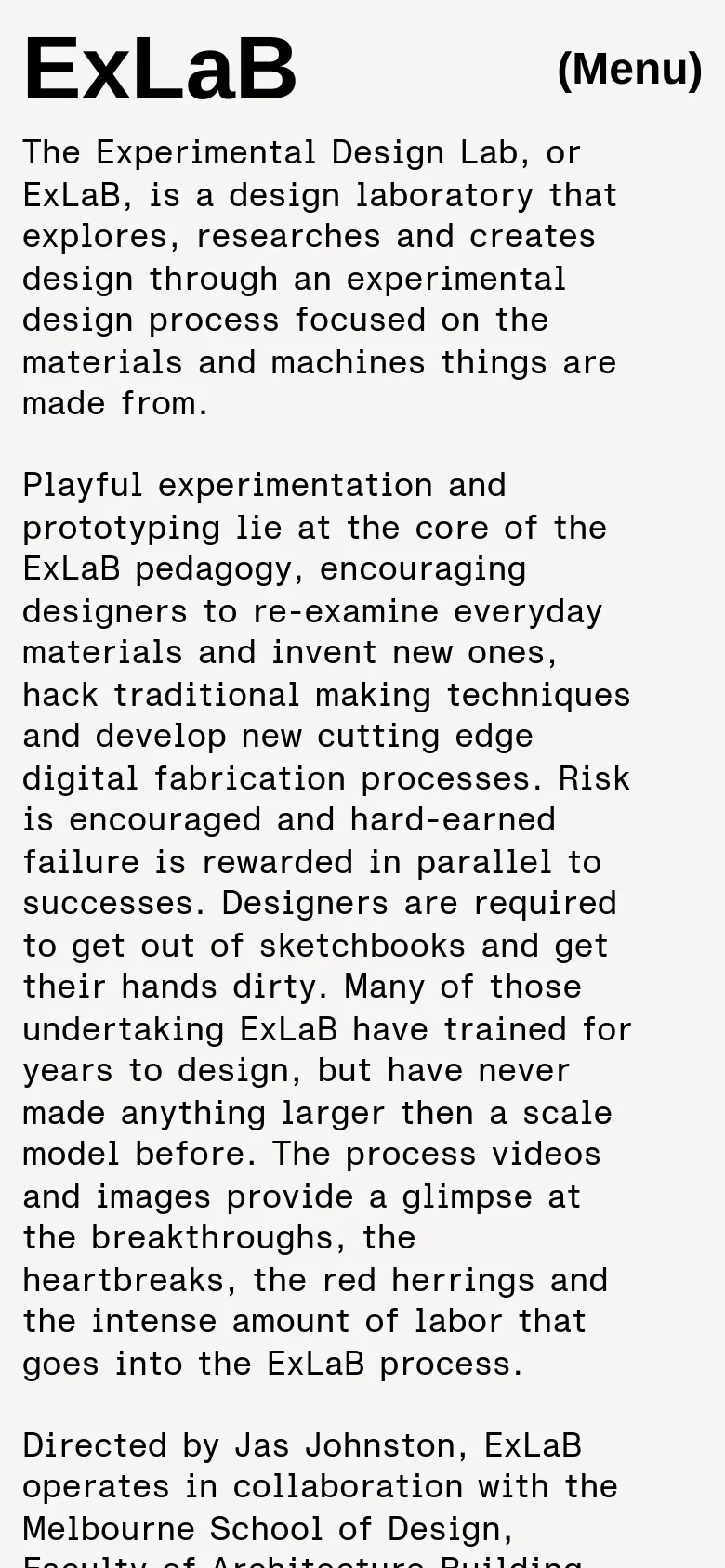 The mobile version simplifies the layout into a single vertical column of text. The top navigation is replaced by a large 'ExLaB' header and a '(Menu)' call to action, with the body text reflowing to fit the narrower screen width.