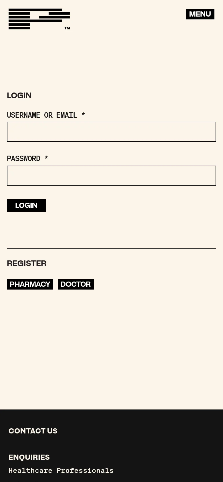 The mobile version maintains the minimalist cream and black aesthetic but uses a condensed layout. The top navigation is replaced by a 'Menu' button next to the logo. The login form and registration buttons for 'Pharmacy' and 'Doctor' are stacked vertically to fit the narrow screen width.