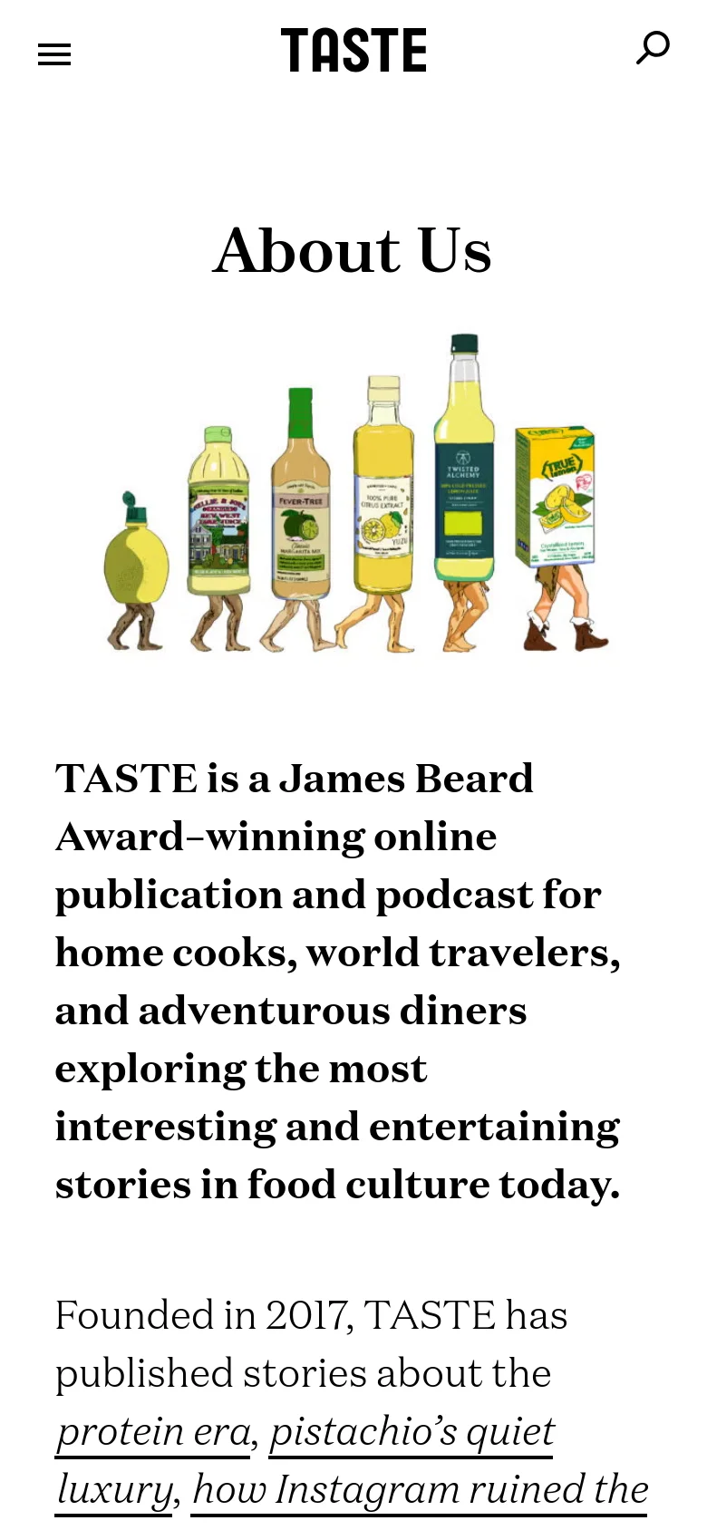 The mobile version presents a simplified vertical layout with a hamburger menu and search icon at the top. The central illustration of walking beverage bottles is scaled down to fit the narrow screen, followed by the large 'About Us' heading and the main descriptive text.