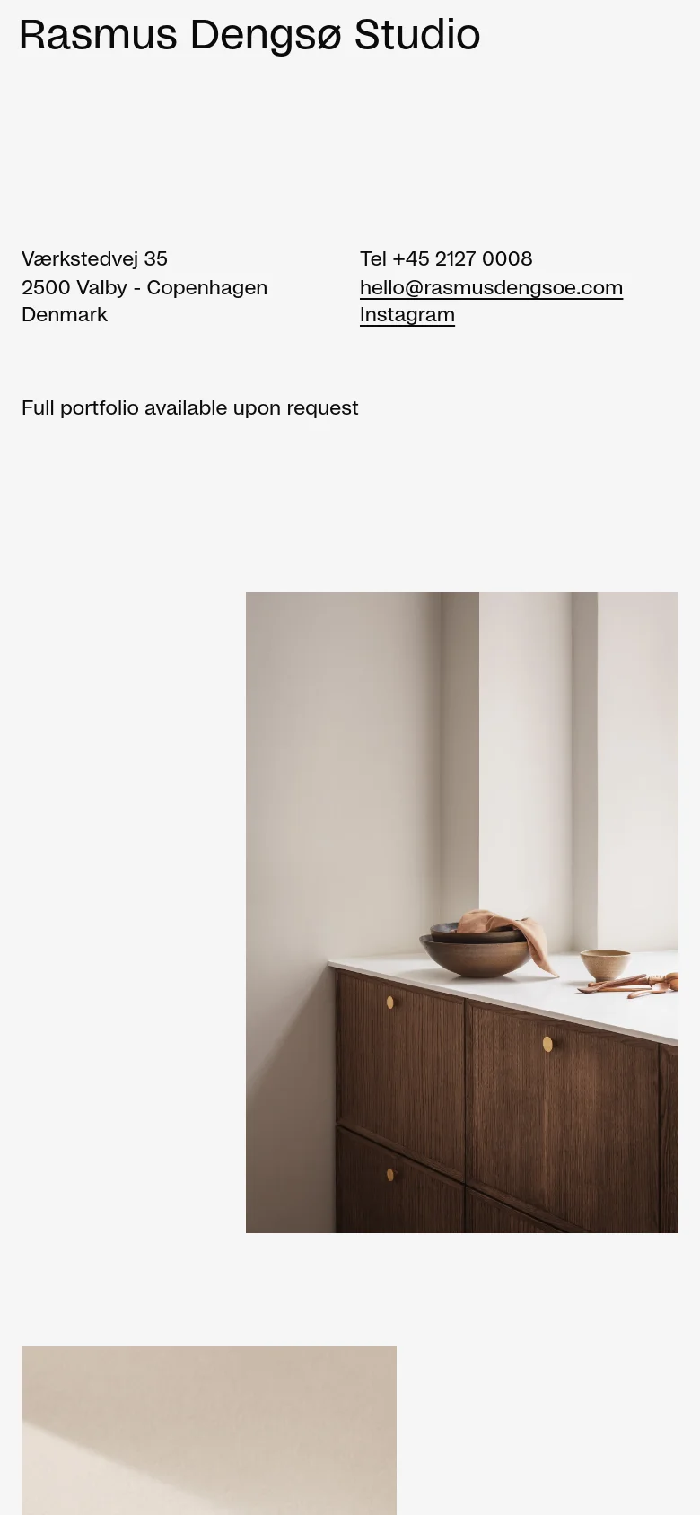The mobile version presents the photography portfolio as a single-column vertical scroll of large, high-resolution images. The minimalist aesthetic is maintained with a simple text-based footer containing the studio name, address, and contact links on a plain white background.