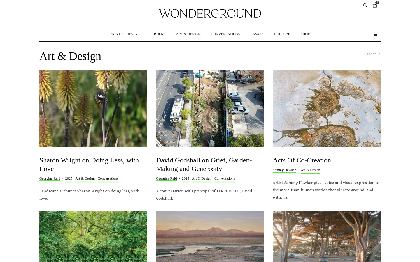 The Art & Design category page features a clean, minimalist white layout with a top navigation menu including Print Issues, Gardens, and Art & Design. A grid of articles displays large rectangular images, bold headlines, author names, and short excerpts. The content includes landscape and abstract photography with a focus on nature and design.