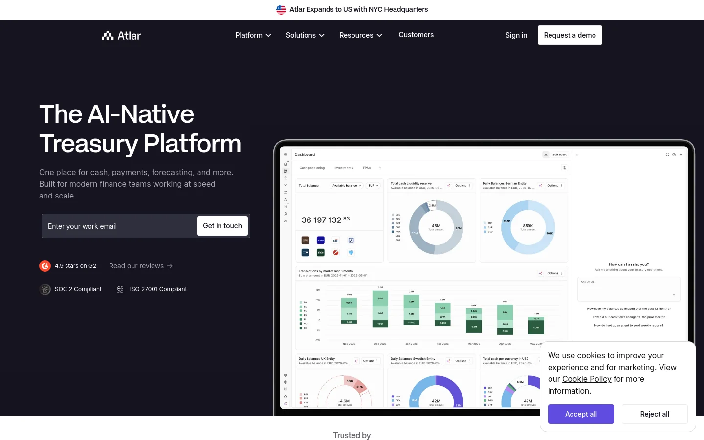 The desktop homepage features a dark theme with a large headline, 'The AI-Native Treasury Platform,' and an email signup field. A large screenshot of the Atlar dashboard is displayed on the right, showing financial charts and data. Below the hero section, there is a 'Trusted by' logo cloud featuring companies like HomeToGo and Acne Studios.