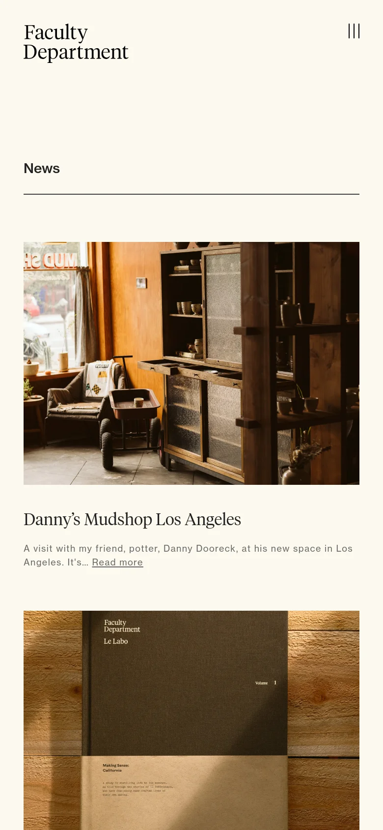 The mobile version maintains the cream and black minimalist aesthetic but shifts to a single-column vertical stack. The news articles appear one after another, with large images followed by headlines and descriptions, optimizing the layout for vertical scrolling on a narrow screen.