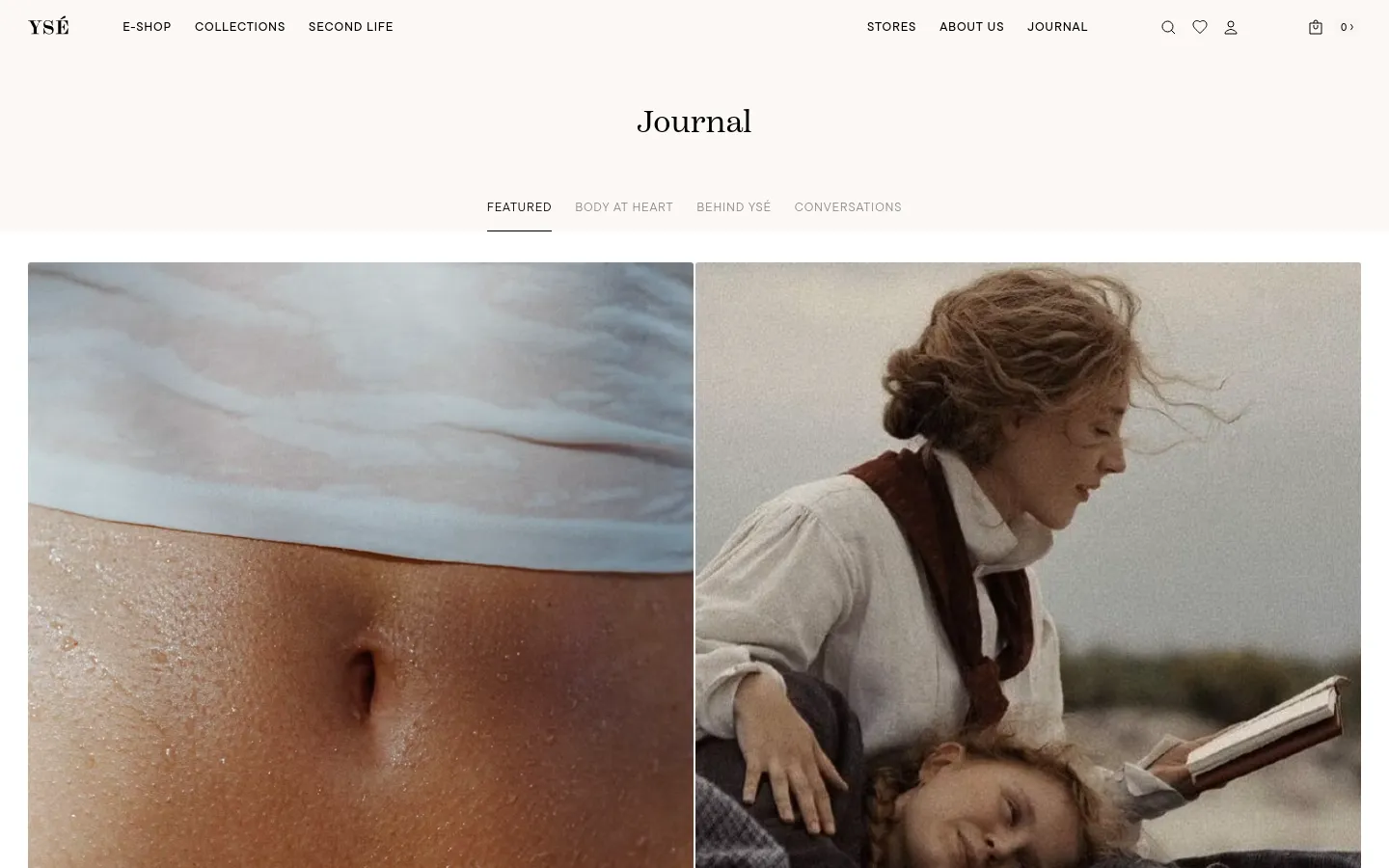 The Journal page features a minimalist white layout with a centered 'Journal' headline and a horizontal navigation menu for categories like 'Featured' and 'Body at Heart'. Below, a large hero section displays a split-screen image of a person's midriff and a woman reading a book. The desktop view uses a wide, multi-column grid for article previews.