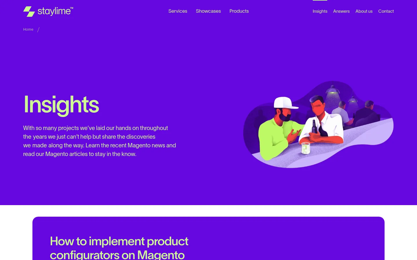 The Insights page features a vibrant purple hero section with a white logo, navigation menu, and a large 'Insights' headline. To the right, a stylized illustration shows people gathered around a table, and below the hero, a grid of blog post cards begins with a large featured article.