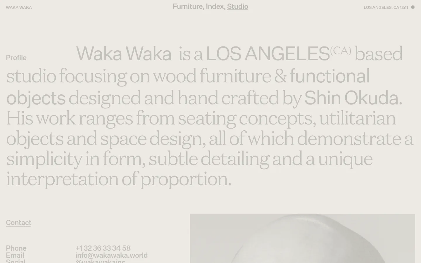 The desktop Studio page features a minimalist design with large, light gray serif typography set against an off-white background. A profile section describes the studio's focus on wood furniture, followed by contact details and a large vertical portrait of a man in black and white on the right side. The navigation menu at the top includes links for Furniture, Index, and Studio.