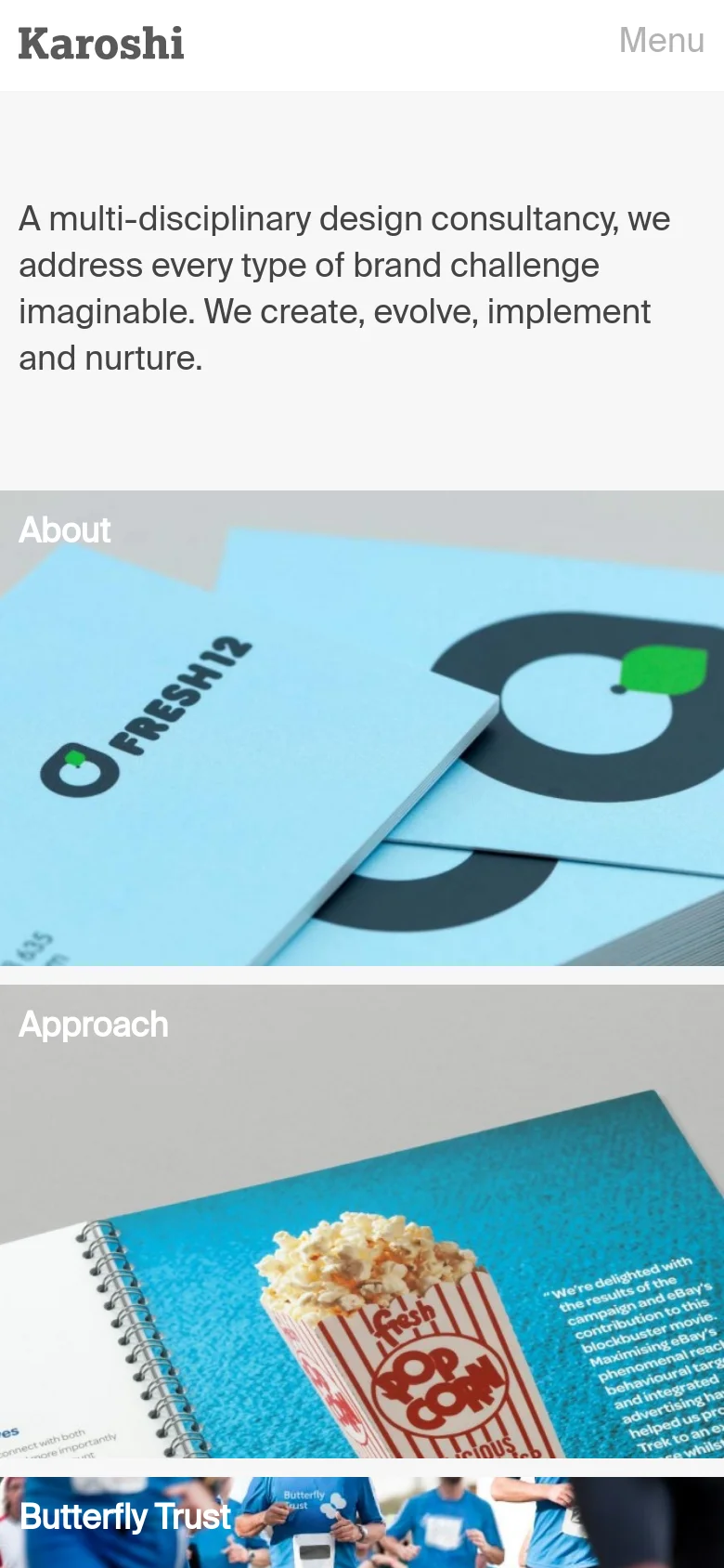 The mobile version simplifies the layout into a single-column vertical scroll. The top navigation is replaced by a 'Menu' button, and the large photographic tiles are stacked vertically to fit the narrow screen width.