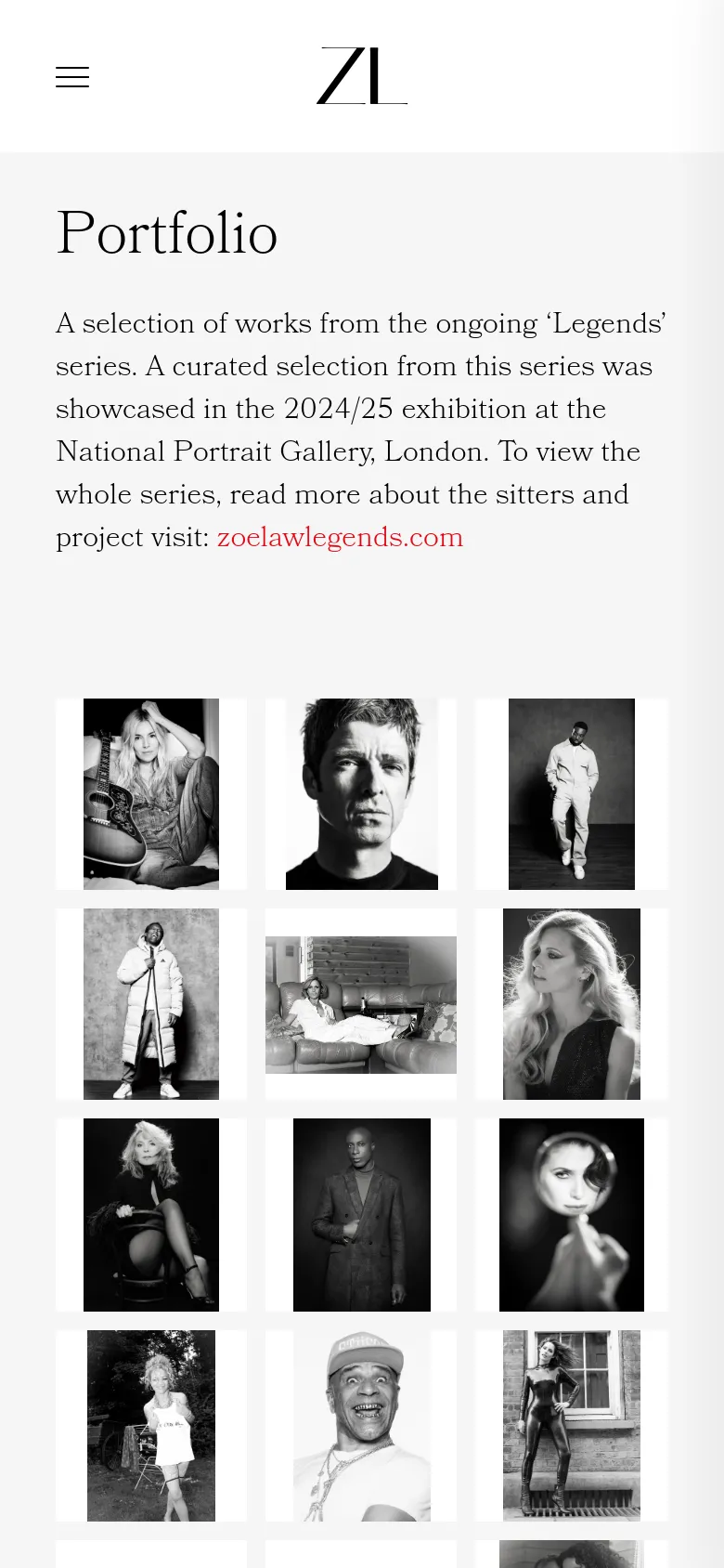 The mobile version presents a single-column layout with a hamburger menu icon and centered logo at the top. The text and portrait image grid are stacked vertically for easier scrolling on a smaller screen.
