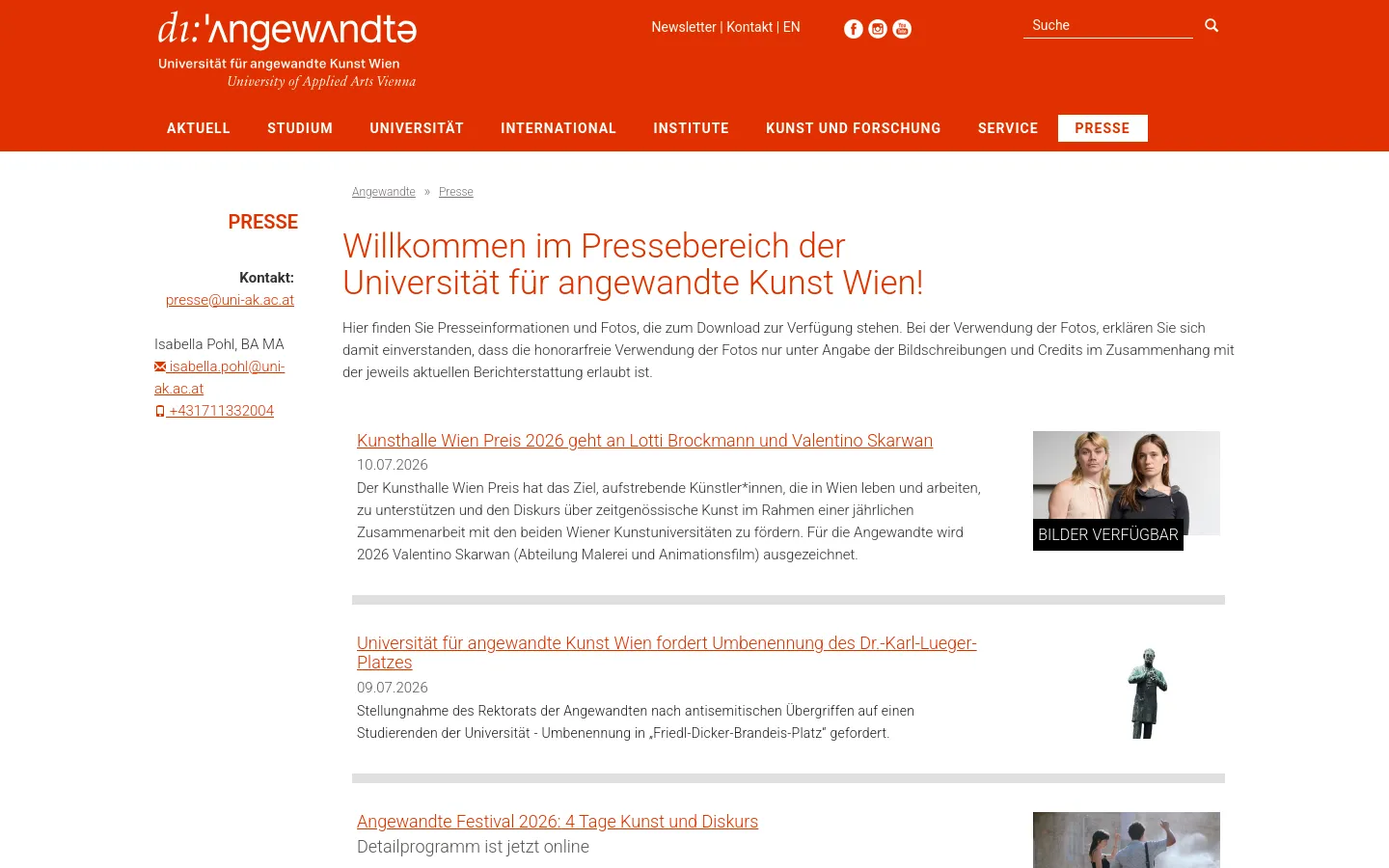 The desktop version of the press page features a bright orange header with the university logo, navigation menu, and search bar. The main content area is white, displaying a welcome headline followed by a list of press releases, each containing a title, date, short description, and an accompanying image or thumbnail. A sidebar on the left provides contact information for the press office.