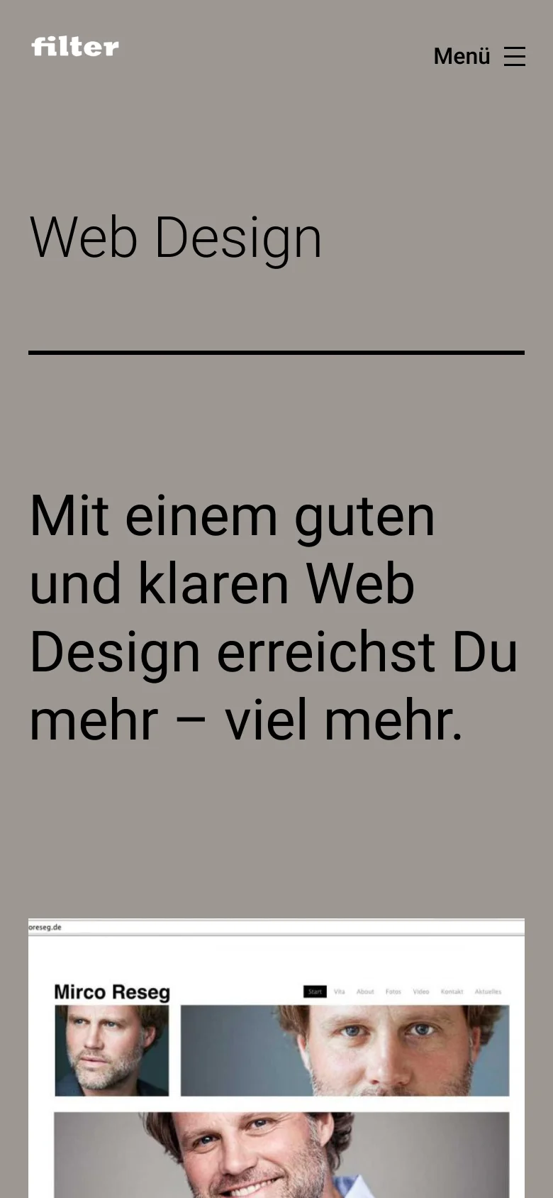 Mobile version of the Web Design page with a simplified layout. The navigation is condensed into a 'Menü' hamburger icon next to the 'filter' logo, and the large headline and subheadline are stacked vertically above a single-column scroll of portfolio images.