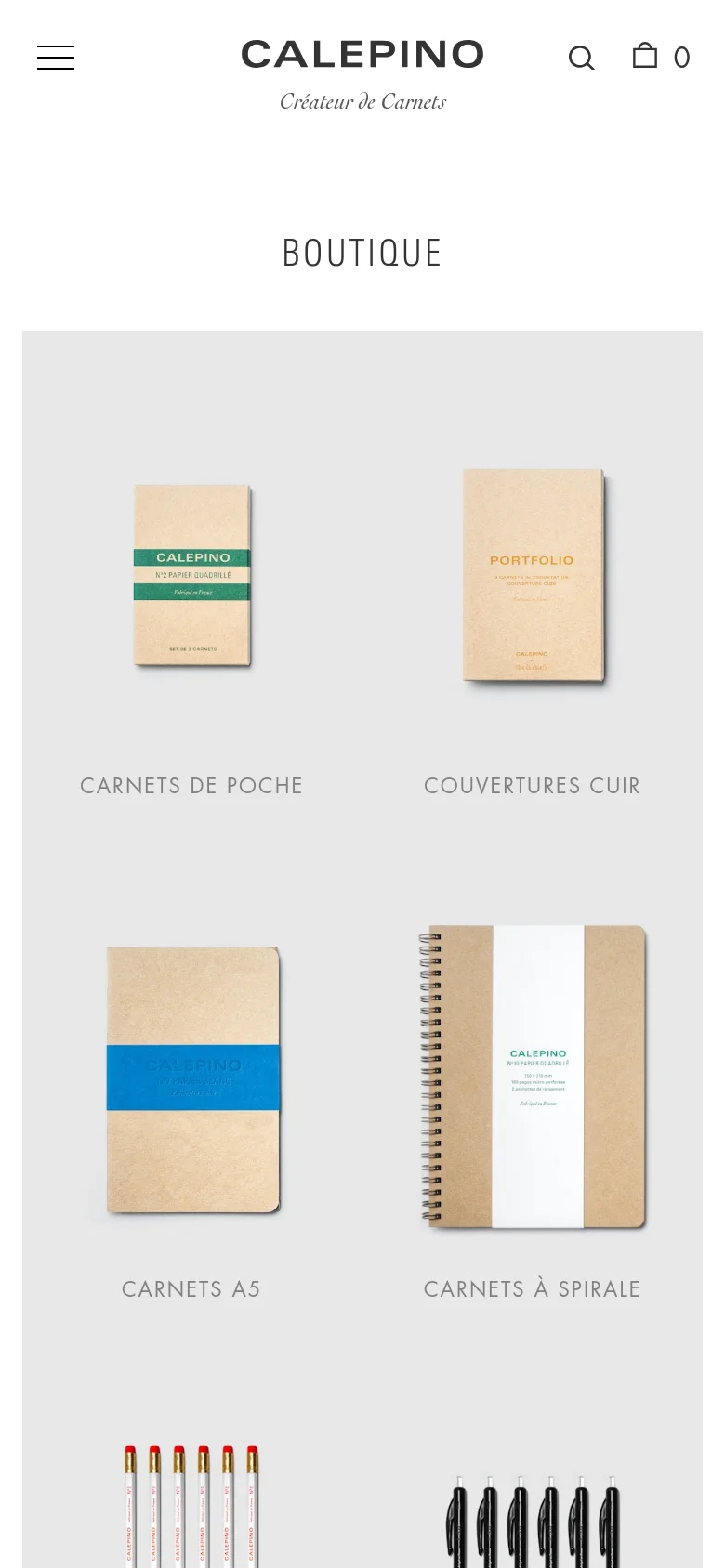 The mobile version maintains the minimalist aesthetic but uses a single-column vertical layout for the product categories. The 'BOUTIQUE' title is centered, followed by large product images and text labels stacked vertically to fit the narrow screen. The header features a hamburger menu icon on the left, the brand logo in the center, and search and shopping icons on the right.