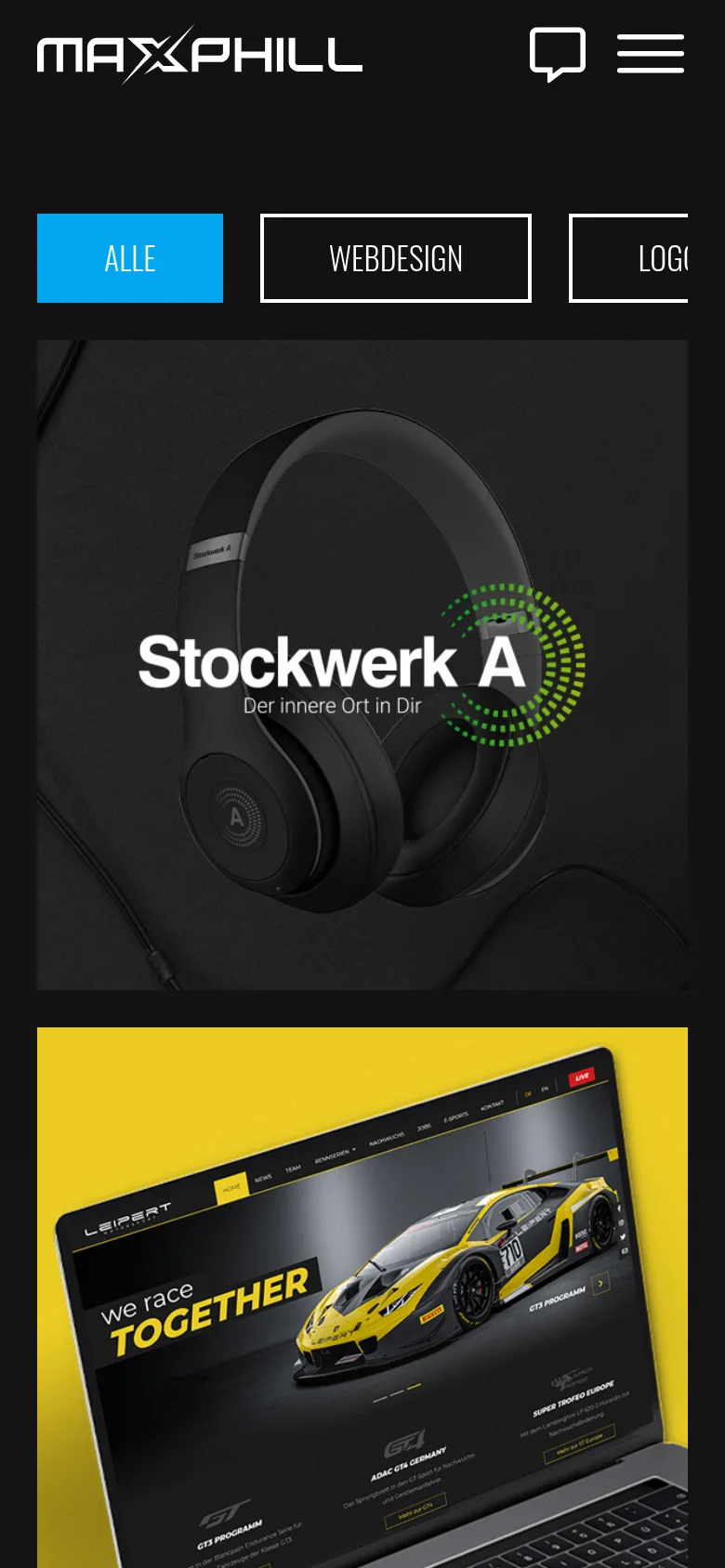 The mobile version shows a simplified layout with a condensed navigation menu and a horizontally scrollable category filter bar. The project grid shifts to a single-column vertical stack, displaying large, full-width images of the portfolio pieces to ensure readability on a small screen.