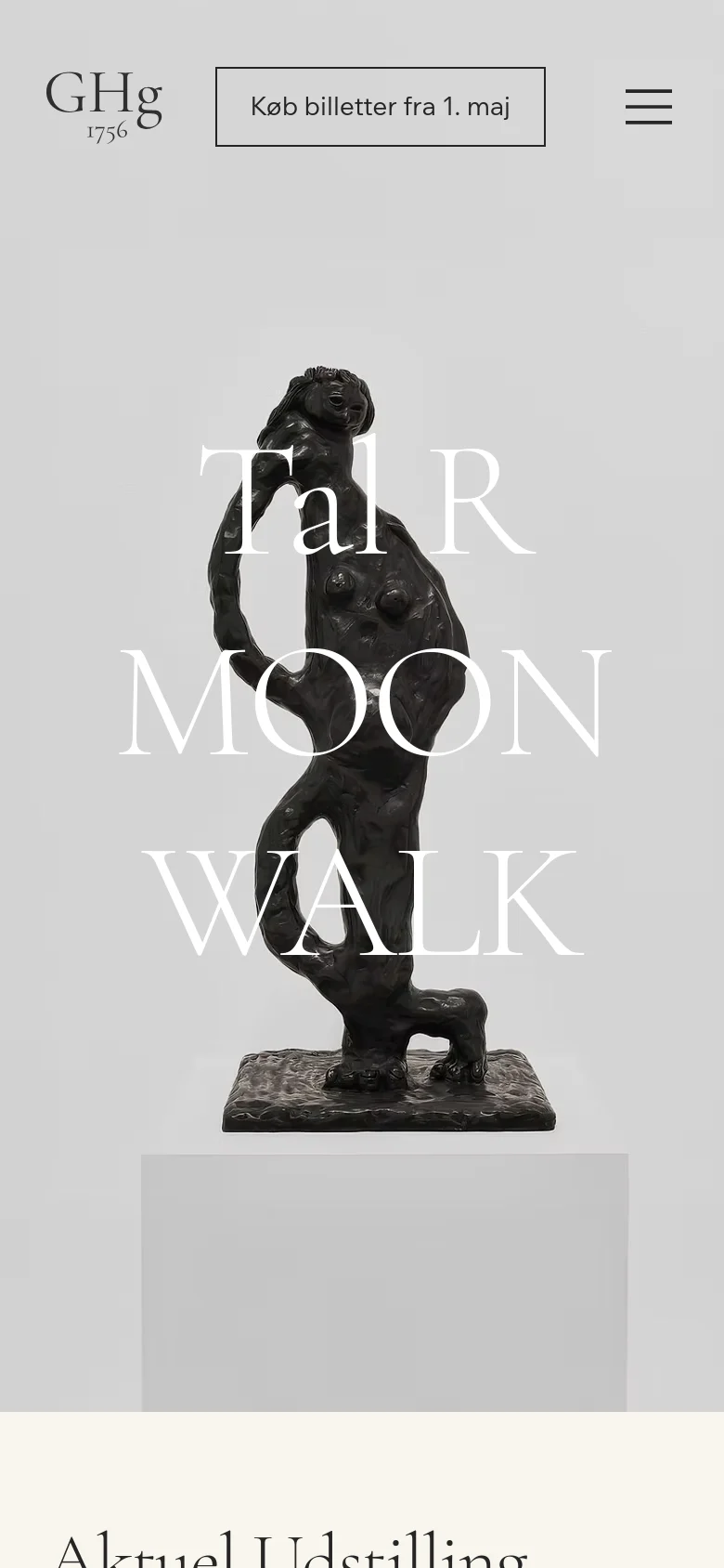 The mobile version simplifies the layout, replacing the top navigation bar with a hamburger menu icon on the right and the 'GHg 1756' logo on the left. The 'Køb billetter fra 1. maj' button is positioned prominently below the logo. The large hero sculpture remains the central focus, scaled to fit the vertical screen.