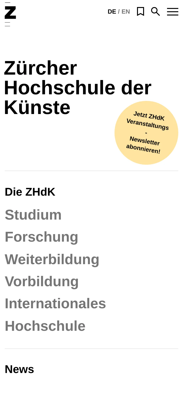 The mobile version presents a vertically stacked layout with the large ZHKdK heading at the top. The yellow newsletter call-to-action button is positioned to the right of the title, and the navigation links and news sections follow in a single-column format for easy scrolling.