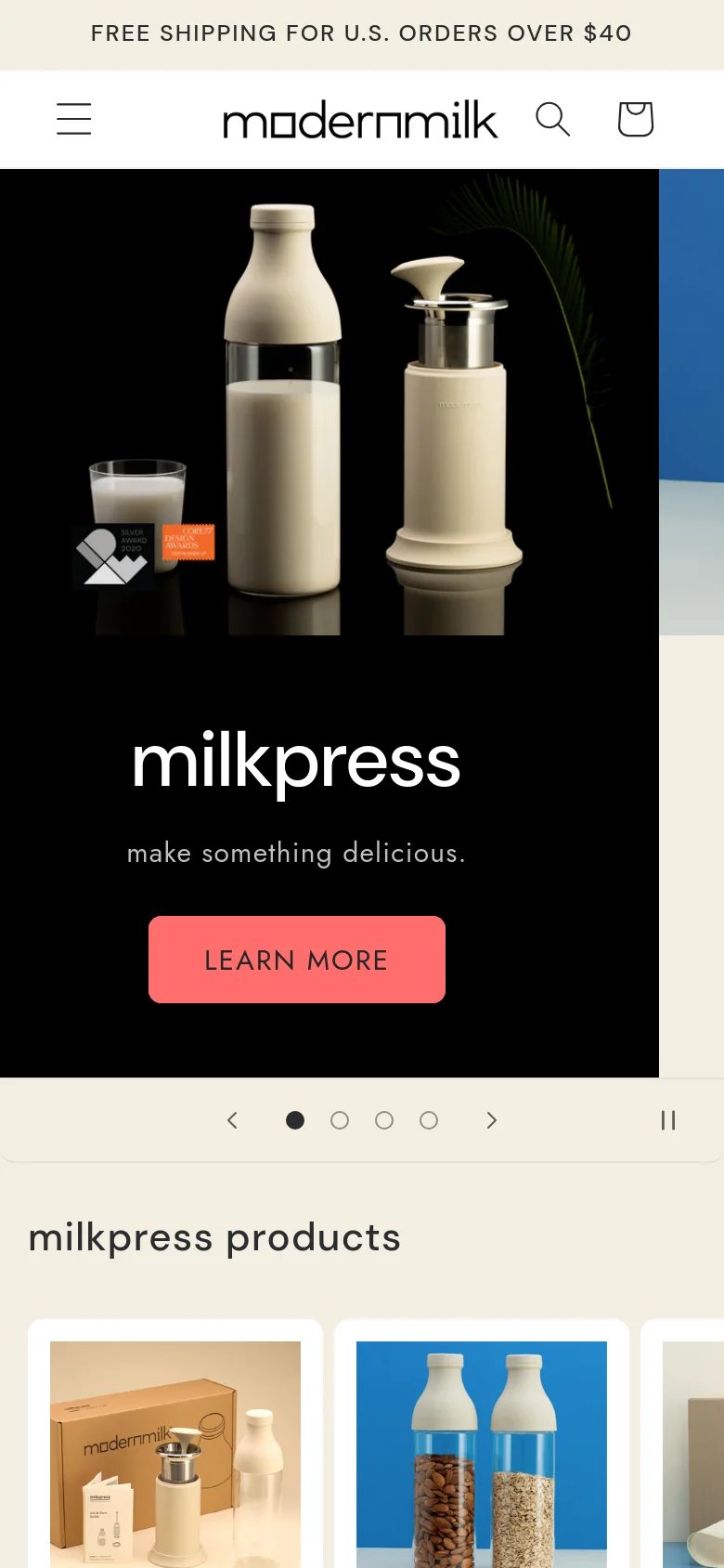 The mobile version maintains the dark hero section with the 'milkpress' headline and peach 'LEARN MORE' button, but uses a condensed vertical layout. The navigation is simplified into a hamburger menu and a search icon at the top. Below the hero, product sections like 'milkpress products' are displayed in a single-column scrollable format.