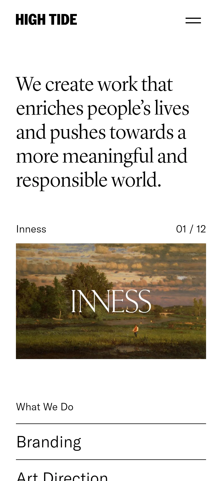 The mobile version maintains the minimalist white aesthetic and large serif headline, but the layout is vertically stacked for a single column. The hero image is scaled to fit the screen width, and the navigation is condensed into a hamburger menu icon at the top right. The 'What We Do' section appears below the hero image as a simplified list.