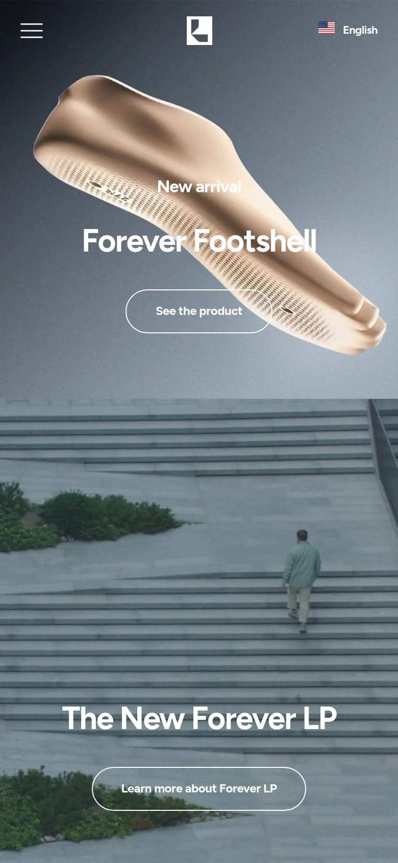 The mobile version uses a condensed layout with a hamburger menu icon on the top left and a centered logo. The hero section features the beige Forever Footshell prominently with the 'New arrival' text and 'See the product' button stacked vertically. Content sections follow in a single-column scroll, focusing on large images and centered headlines like 'The New Forever LP'.