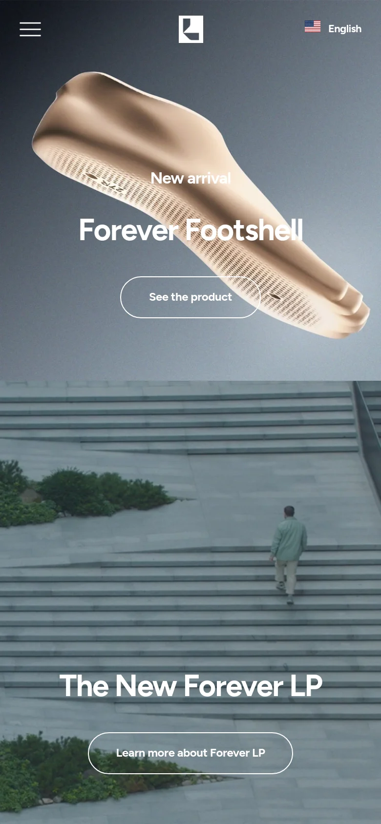 The mobile version uses a condensed layout with a hamburger menu icon on the top left and a centered logo. The hero section features the beige Forever Footshell prominently with the 'New arrival' text and 'See the product' button stacked vertically. Content sections follow in a single-column scroll, focusing on large images and centered headlines like 'The New Forever LP'.
