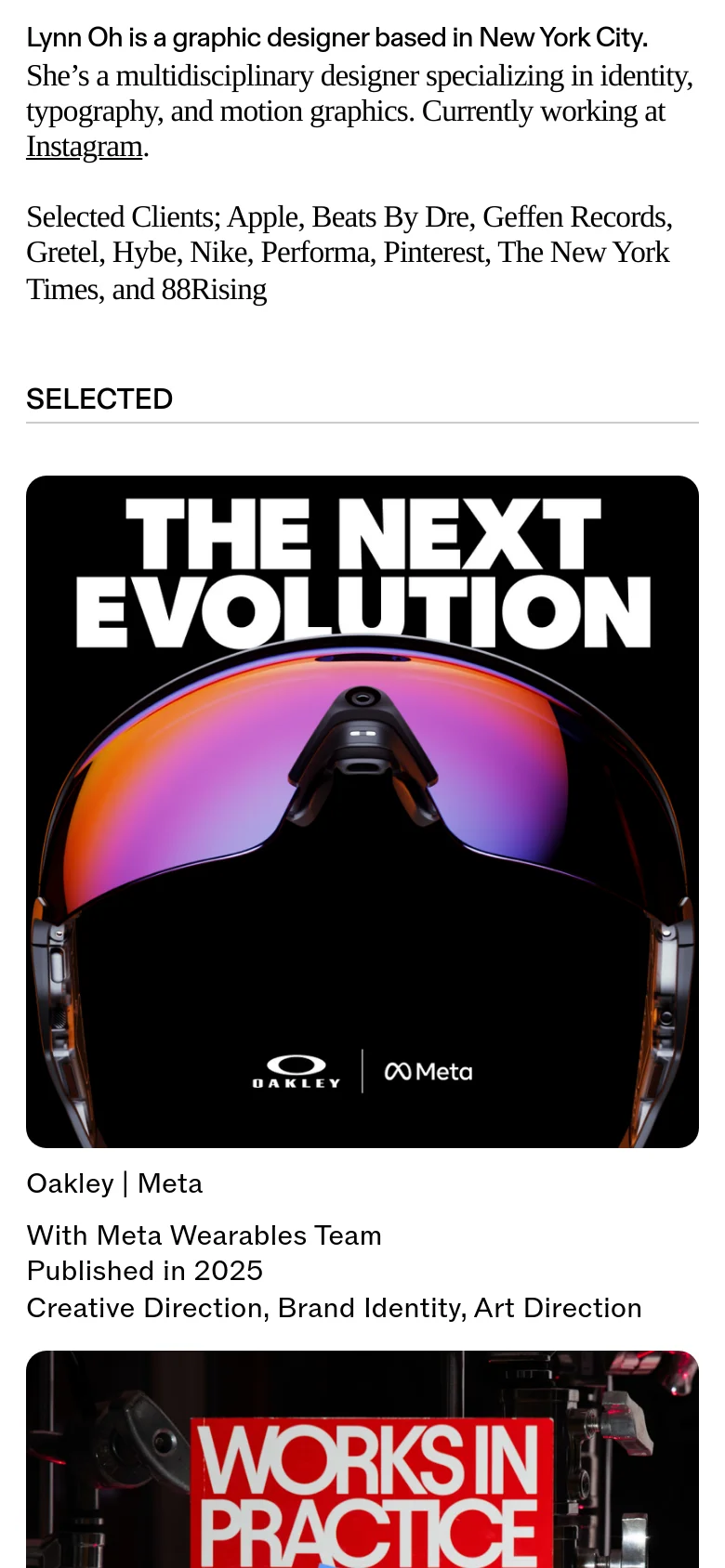 The mobile version maintains the minimalist white and black aesthetic but uses a single-column vertical layout. The text is stacked for readability, and the project thumbnails are scaled to fit the width of the screen, creating a continuous scrolling experience of large imagery and text.