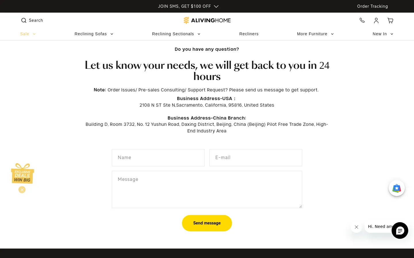 The desktop Contact Us page features a clean white layout with a large centered headline asking if the user has questions. Below the headline, business addresses for the USA and China are listed, followed by a contact form with fields for Name, E-mail, and Message, and a prominent yellow 'Send message' button. A floating 'Exclusive Deals' badge appears on the left and a chat icon on the right.