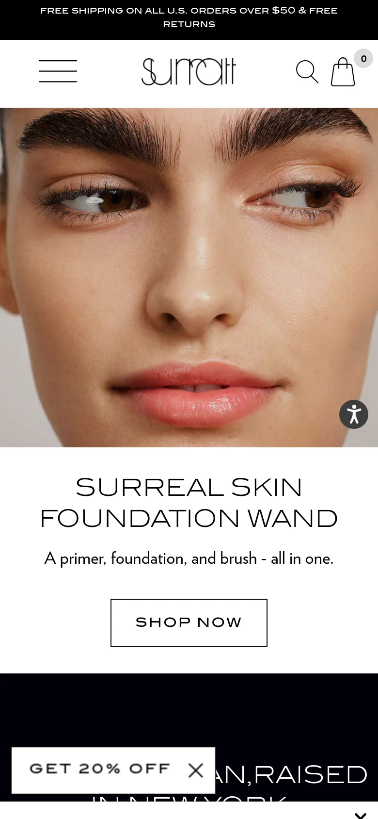The mobile version presents a vertically oriented hero image of a woman's face, with the product headline and 'SHOP NOW' button positioned below the image. The top navigation is condensed into a hamburger menu icon, and a promotional banner for free shipping is visible at the very top. A cookie consent pop-up and a 'GET 20% OFF' overlay are also present on the screen.