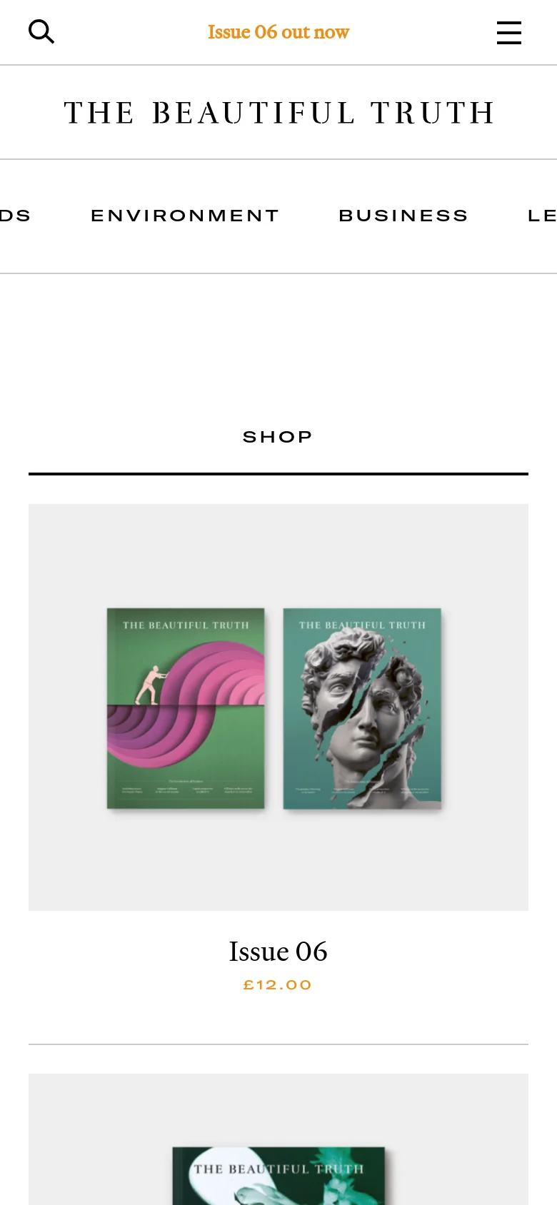 The mobile version presents a simplified vertical layout with a centered 'SHOP' heading. The navigation is condensed into a hamburger menu icon, and the product grid shifts to a single-column view, showing one magazine issue at a time with its cover image, title, and price. A gold announcement banner at the top reads 'Issue 06 is out now. Get your copy here'.