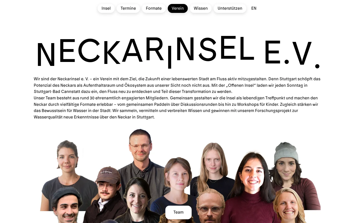 The desktop page features a clean white background with a large 'NECKARINSEL E.V.' headline. Below the text describing the association, a group photo shows approximately ten diverse team members smiling, arranged in a layered composition. A navigation bar at the top contains links like 'Insel', 'Termine', and 'Verein', which is highlighted.