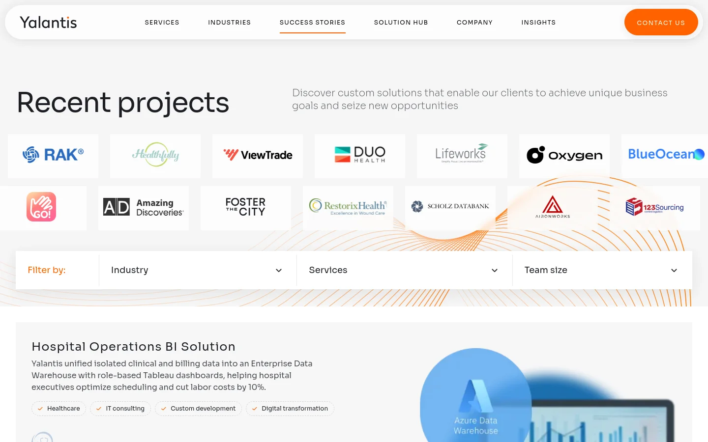 The desktop page features a clean, white background with a large 'Recent projects' headline and a subheadline. Below the header, a grid of client logos including RAK, ViewTrade, and Oxygen is displayed against a light gray background, followed by a filtering section with dropdown menus for Industry, Services, and Team size. The bottom section shows a case study titled 'Hospital Operations BI Solution' with descriptive text and a blue-toned graphic.