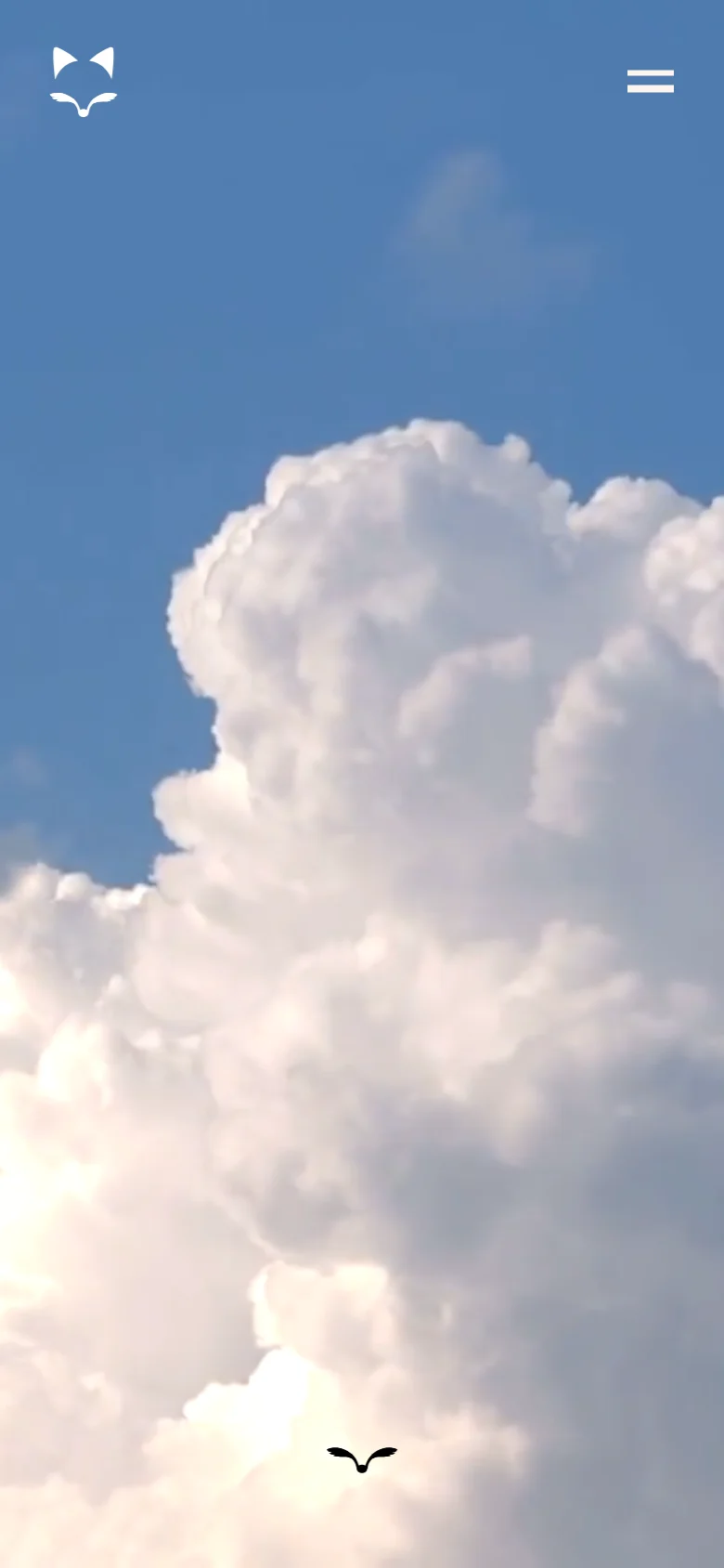 The mobile version maintains the blue sky and cloud hero imagery but simplifies the header. The logo is reduced to just the white fox icon on the left, and the hamburger menu icon remains on the right, creating a more compact view of the visual background.