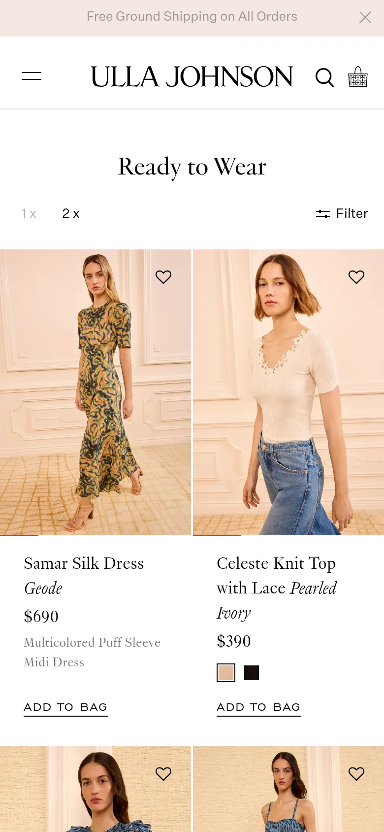 The mobile version presents a streamlined interface with a hamburger menu icon on the left and a search icon and shopping bag on the right. The 'Ready to Wear' headline is centered above a simplified product grid that shows two items per row, such as the Samar Silk Dress and Celeste Knit Top. The layout is vertically oriented to optimize scrolling, maintaining the brand's elegant aesthetic with ample white space.