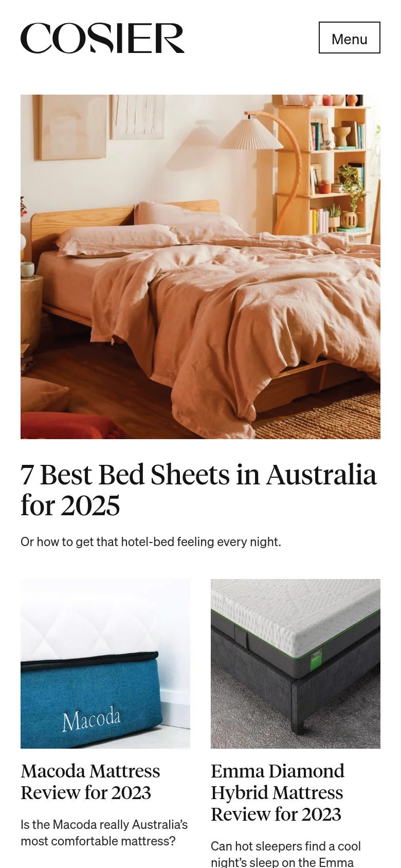 The mobile version maintains the minimalist aesthetic but uses a vertical layout. The 'COSIER' logo and 'Menu' button are at the top, followed by a full-width hero image of a bed, with the headline '7 Best Bed Sheets in Australia for 2025' and subsequent product review cards stacked vertically below.