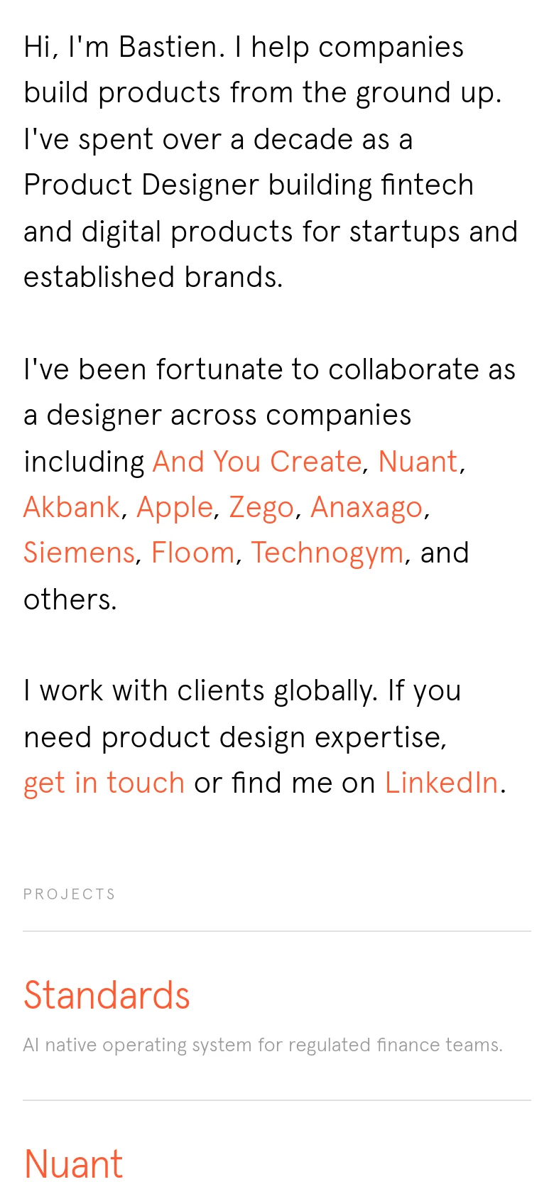 Mobile version of the homepage with a single-column vertical layout. The text is scaled for readability on a narrow screen, maintaining the minimalist aesthetic with black text on a white background and red hyperlinks. The project list follows the introductory text in a continuous vertical scroll.