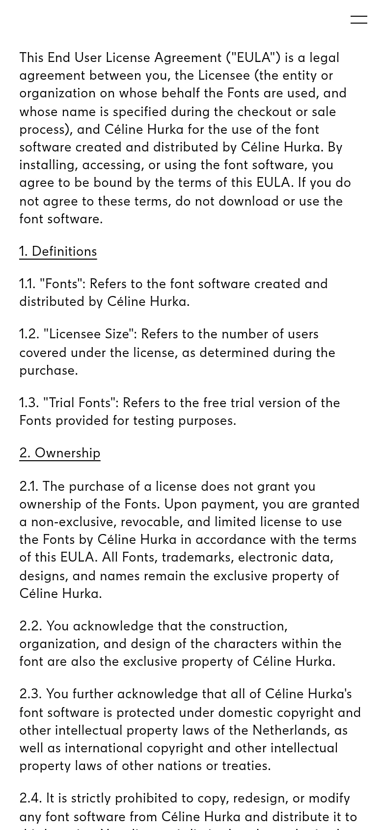 The mobile version simplifies the layout, replacing the sidebar with a hamburger menu icon in the top right. The main content area focuses on the EULA text, which spans the full width of the screen for easier reading on a smaller device.