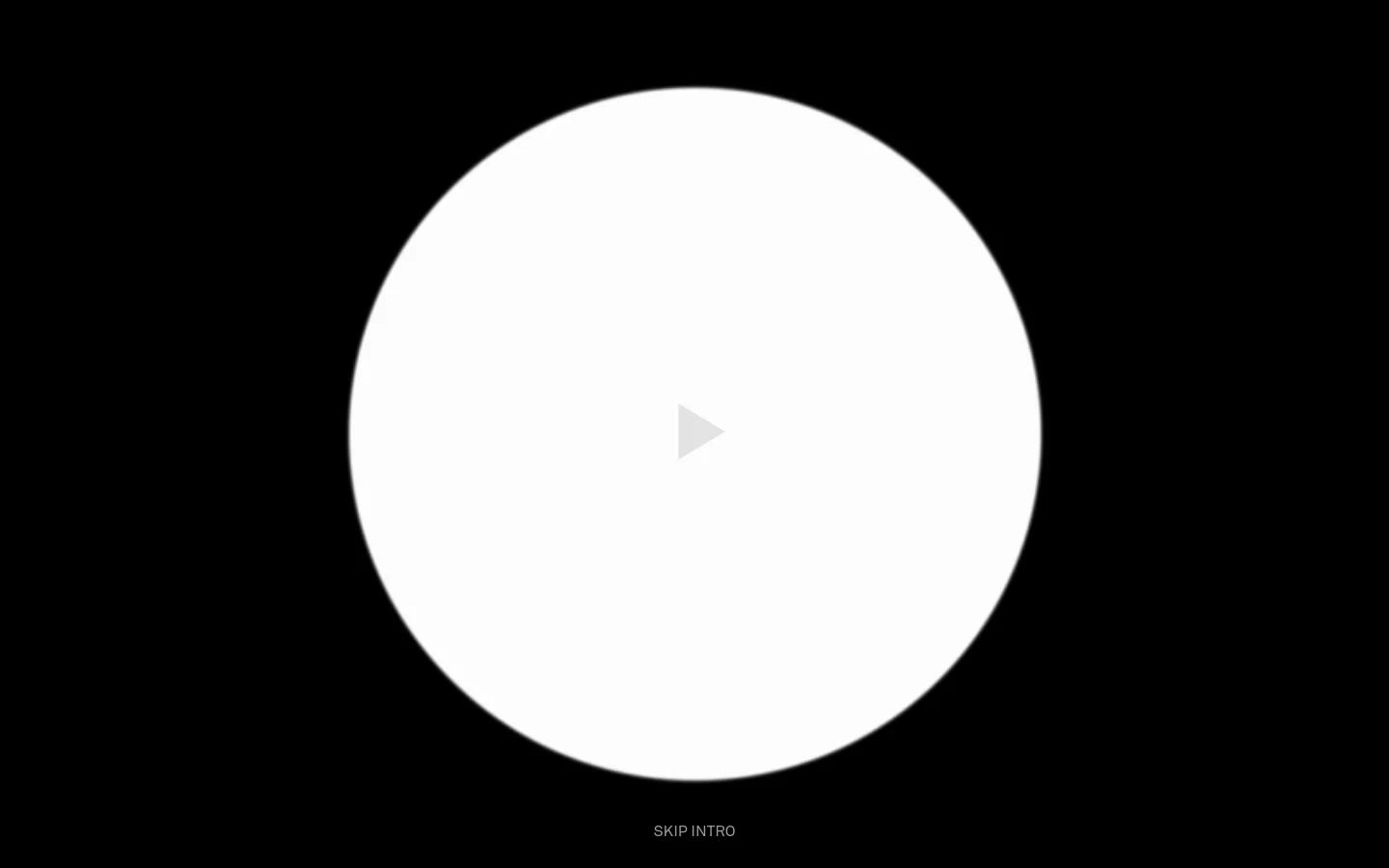 A minimalist black landing page featuring a large white circle in the center with a play icon. Below the circle, a 'SKIP INTRO' text link is visible, and the page title 'THE SOURCE: Conversations with Doug Aitken' is displayed in white bold typography.