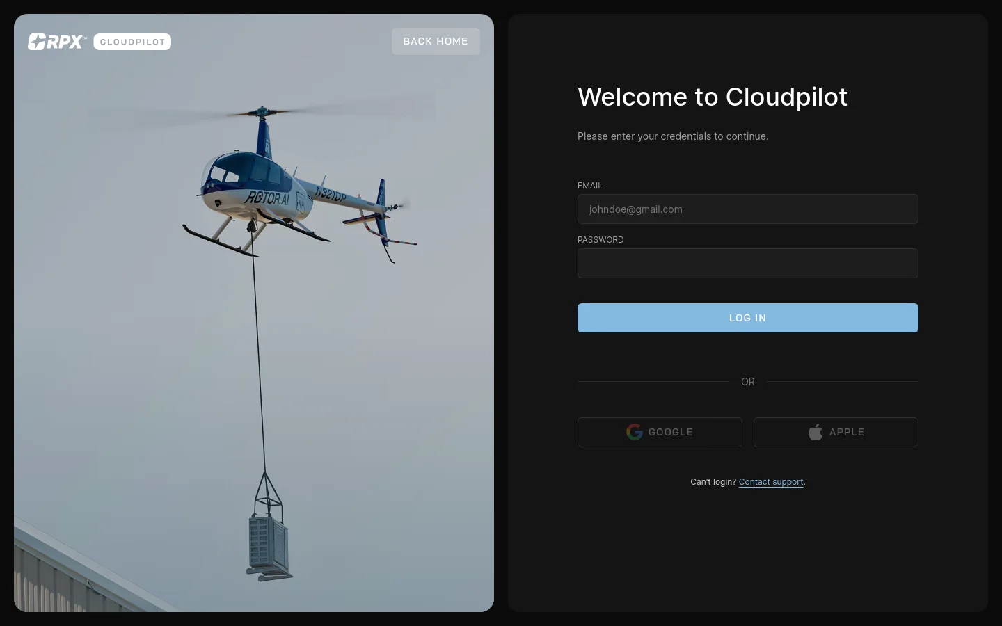 The desktop login page features a split-screen layout with a large hero image on the left showing an unmanned helicopter lifting cargo. On the right, a dark themed login panel contains the headline 'Welcome to Cloudpilot', email and password input fields, a light blue 'LOG IN' button, and options to sign in via Google or Apple. A 'BACK HOME' button is located in the top right corner.