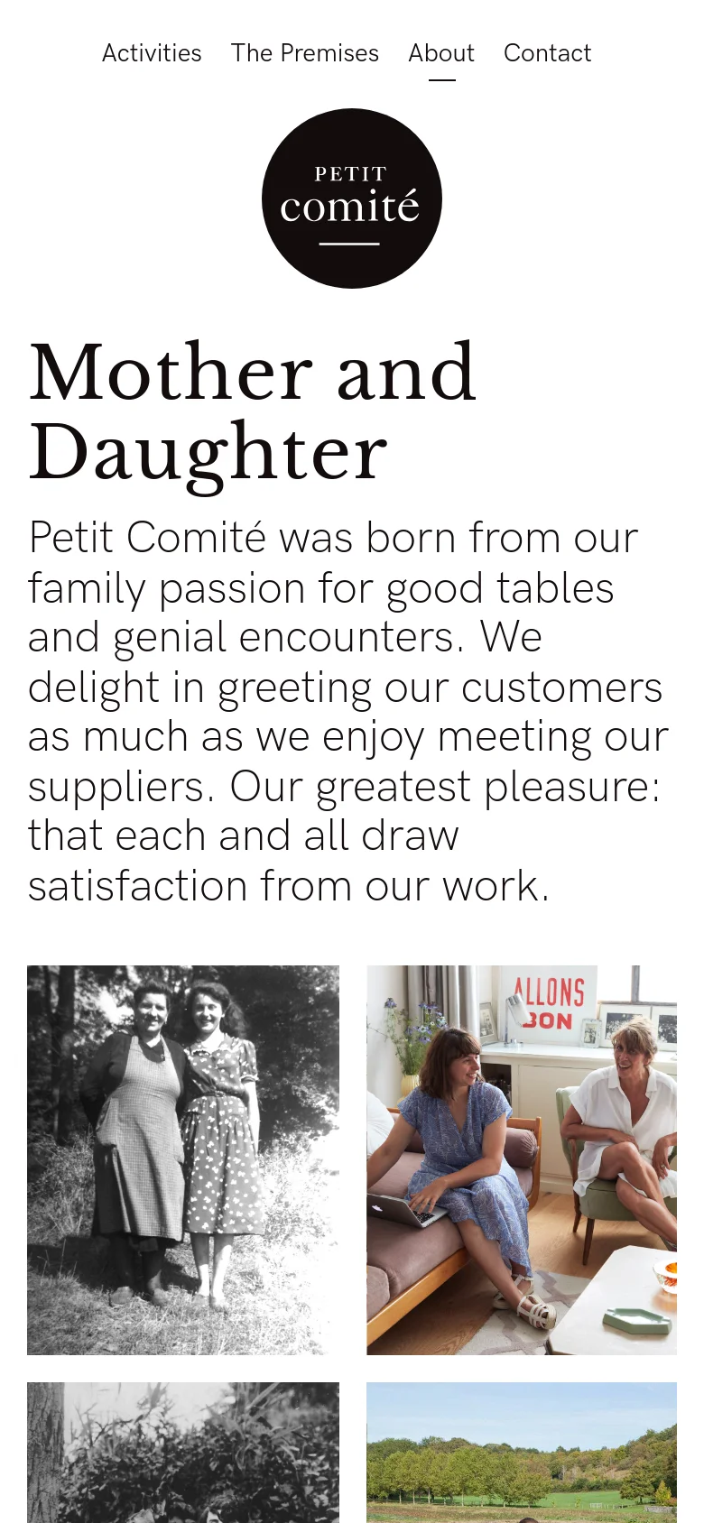 The mobile version presents a single-column layout with the 'Petit Comité' logo and navigation links stacked vertically at the top. The 'Mother and Daughter' headline and text span the width of the screen, followed by the photographic images which are arranged in a vertical stack rather than a grid.