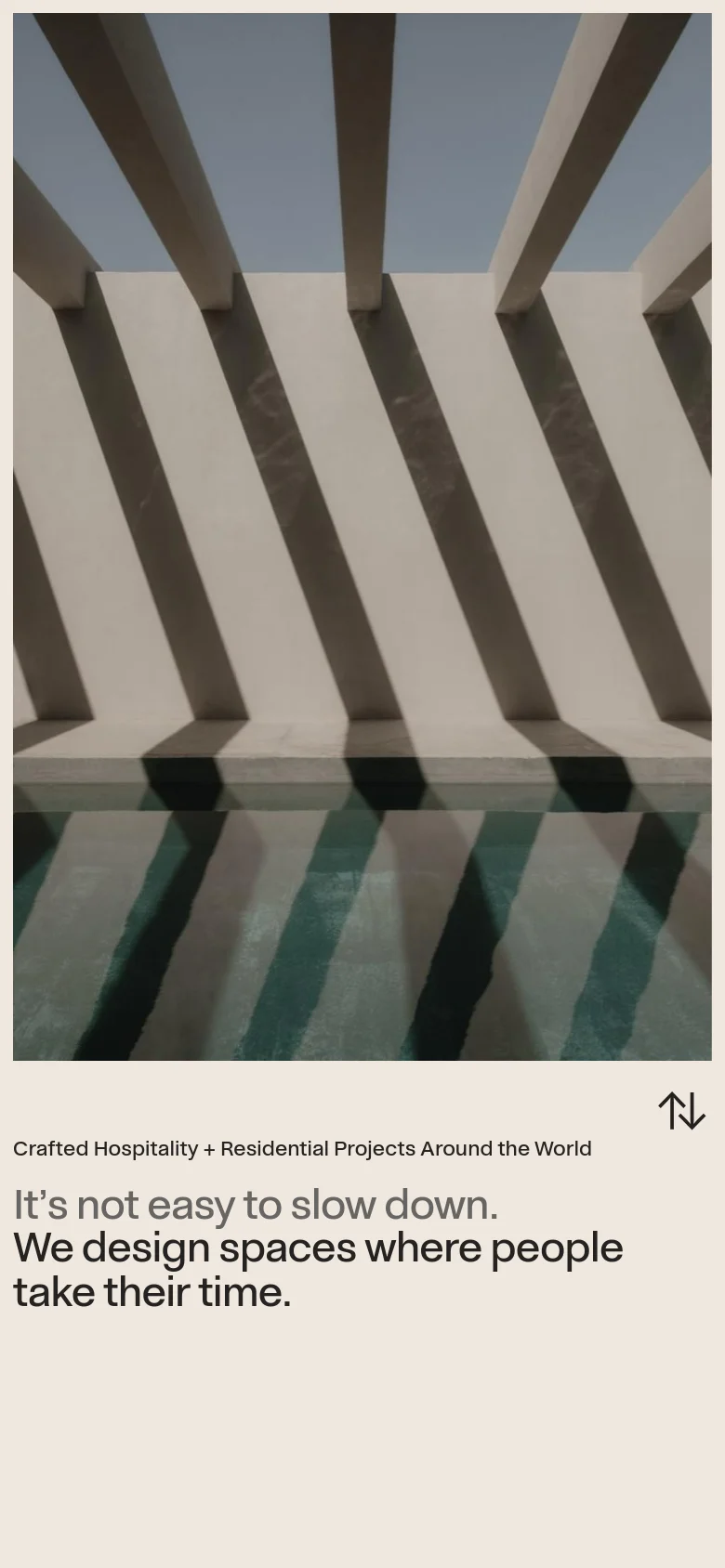 The mobile version uses a single-column vertical stack layout. A large hero image of architectural shadows over a pool dominates the top, followed by the studio's mission statement in large, dark serif typography against a cream background. Navigation is simplified, and the layout focuses on a vertical scrolling experience.
