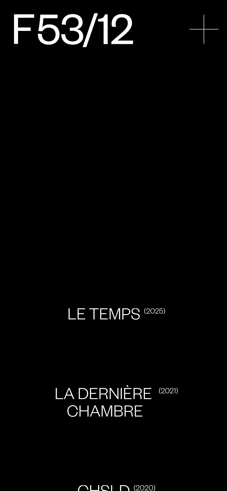 The mobile version maintains the black and white minimalist theme but simplifies the layout for a vertical screen. The header is condensed to 'F53/12' next to a plus icon, and the film titles are arranged in a single-column vertical list, making them easier to scroll through on a phone.